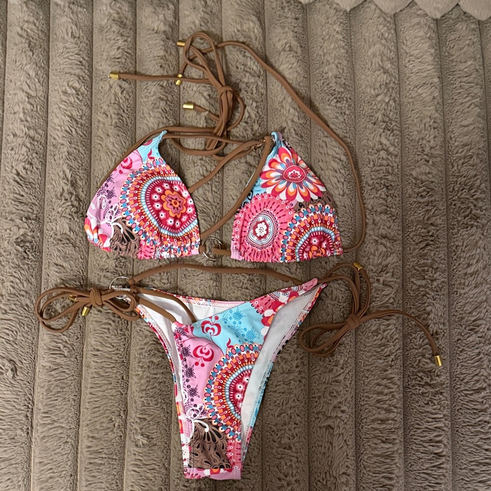 Pink & Turquoise Floral Medallion String Bikini